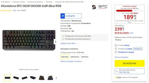 Klawiatura SPC GEAR GK630K Kailh Blue RGB