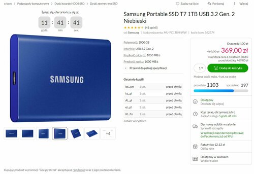 Samsung Portable SSD T7 1TB USB 3.2 Gen. 2 Niebieski
