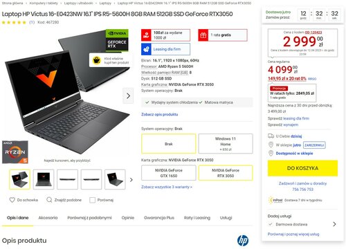 HP Victus 16-E0423NW promocja