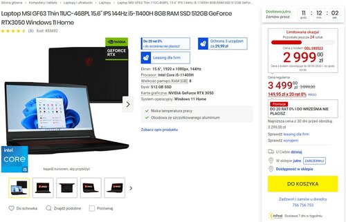 MSI GF63 Thin 11UC-468PL promocja