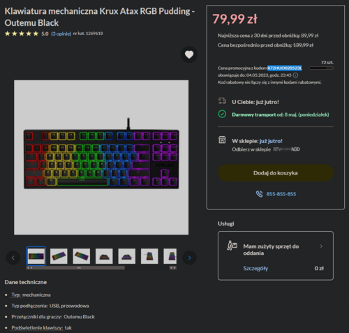 Tania klawiatura mechaniczna Krux Atax RGB Pudding